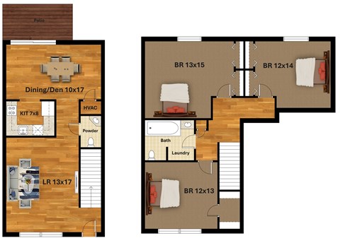 Floor plan for 3 beds, 1.5 baths, 1300 sqft